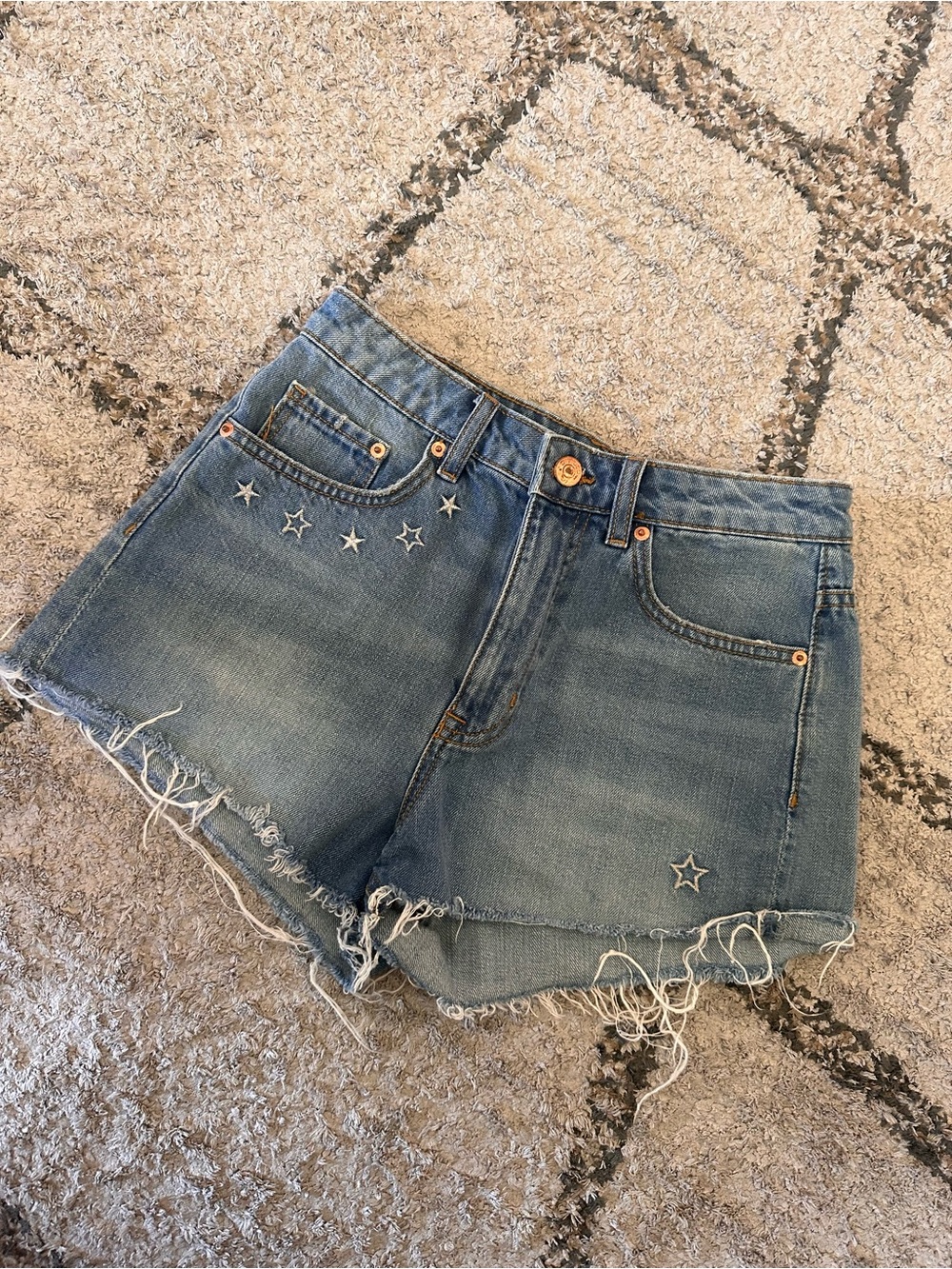 H&M X COACHELLA Daydreamer Light Blue Denim Star-Embroidered Shorts